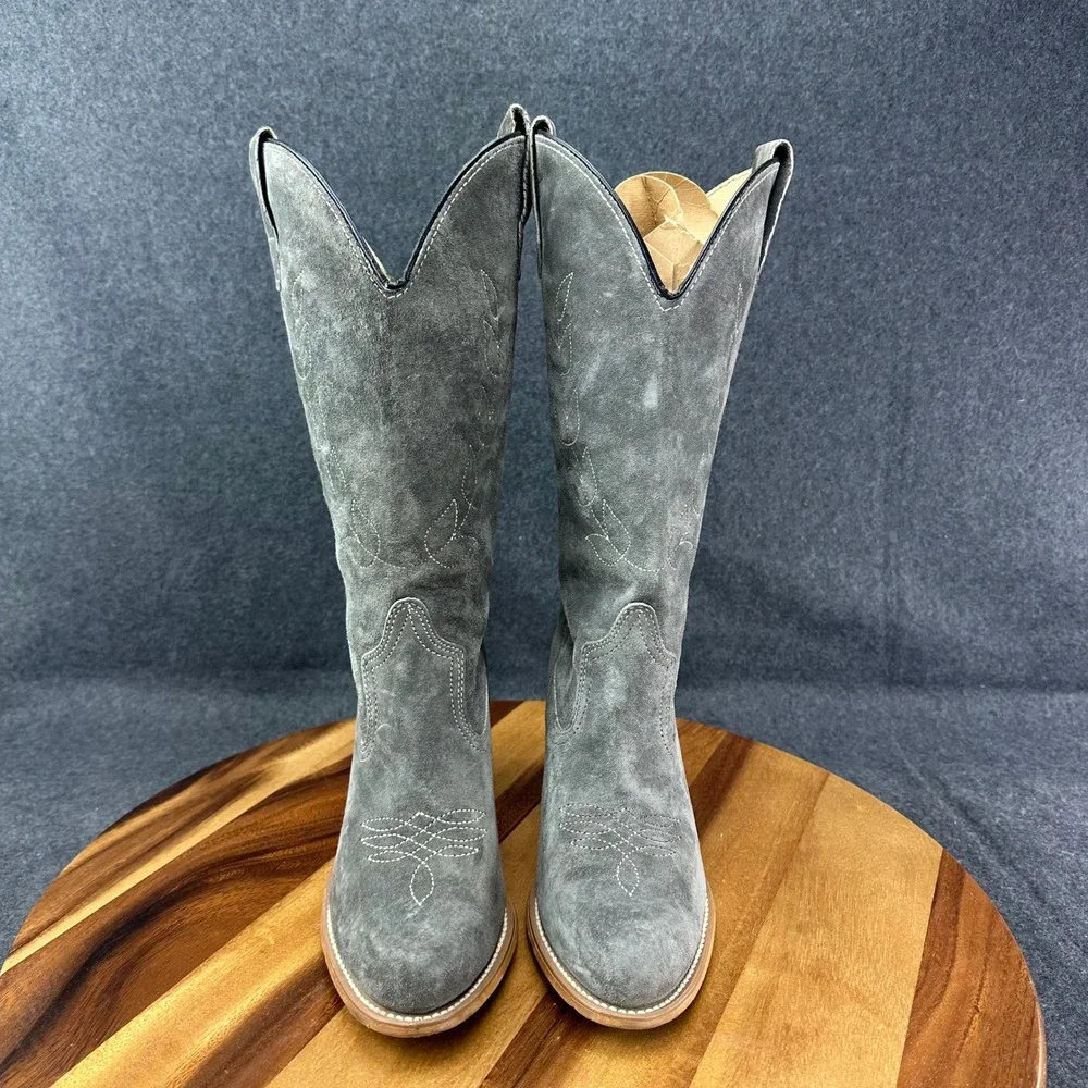 Vtg 80s Wolverine Grey Suede Western Cowgirl Boots Womens Sz 7 Leaf #1956 - Picture 3 of 14